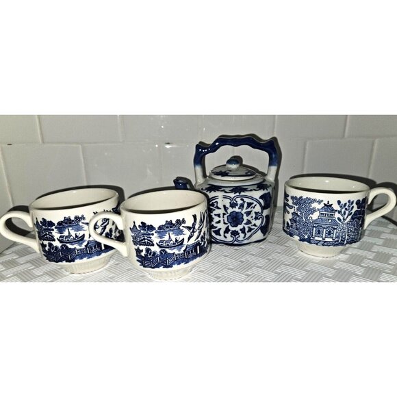 Tea Set Blue White Willow Phoenix Scene Teapot 3 cups - Picture 2 of 9